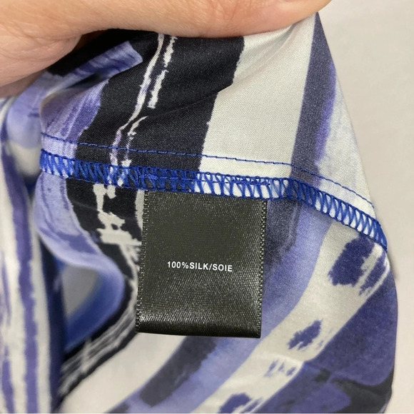 Lafayette 148 New York Blue Black Striped Y Neck 100% Silk Popover Top size 6 - Picture 4 of 10